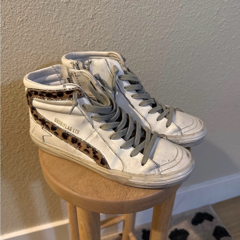 Golden Goose White High-Top Sneakers with Leopard Stripe and Gray Laces